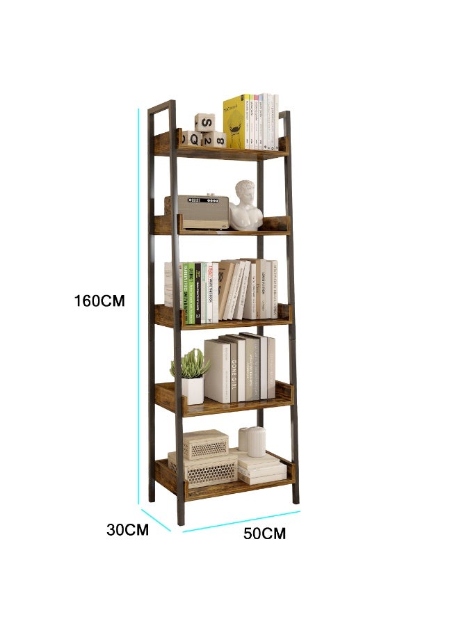 5 Tier Ladder Shelf, Industrial Bookshelf with Metal Frame and Wood Shelves, Open Bookcase, Freestanding Display Storage Rack for Living Room, Bedroom, Home Office, SGG042, Brown - Image 2